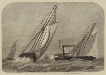Internationale Yacht-Rennen, Dreiecksmatch zwischen der Sappho und Cambria, die Yachten umrunden das Schiedsrichterboot
